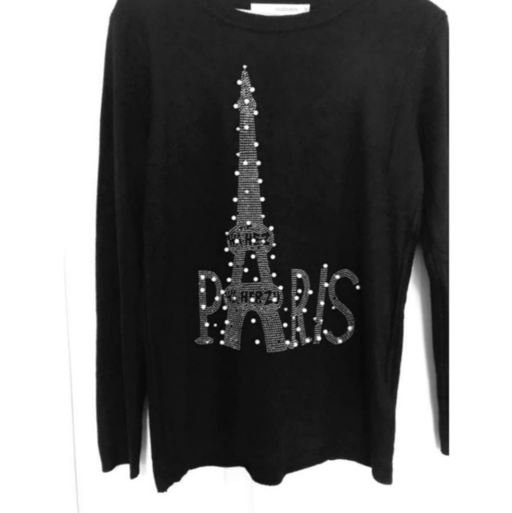 TRÏBE Paris Pearl Rhinestone Embellished long sleeve Black Sweater Size M NWT - Picture 1 of 3